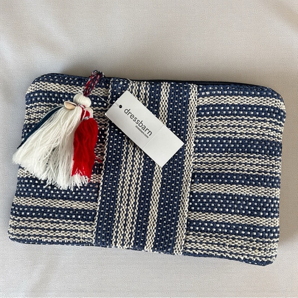 Dressbarn Woven Clutch Navy Ivory Silver Gold Shimmer Tassel NWT